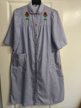 Models Coat Vintage Snap Front House Dress Robe Duster Blue Stripes 70s Sz Large